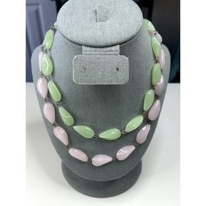 Vintage Glass Beaded Necklace Set Pastel Green Pink Silver Tone